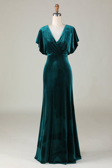 Velvet V-Neck Peacock brudepike kjole med volanger